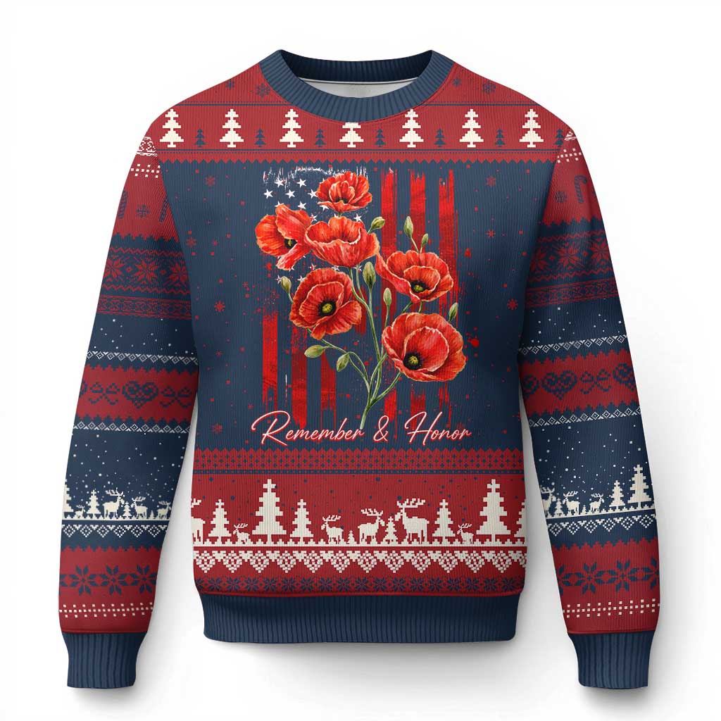 Remember And Honor Memorial Day Ugly Christmas Sweater Red Poppy Flowers TS11 Navy Red Print Your Wear