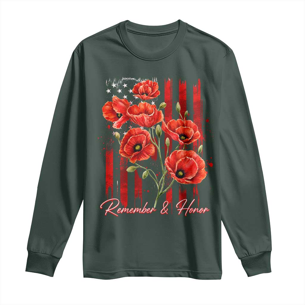 Remember And Honor Memorial Day Long Sleeve Shirt Red Poppy Flowers TS11 Dark Forest Green Print Your Wear