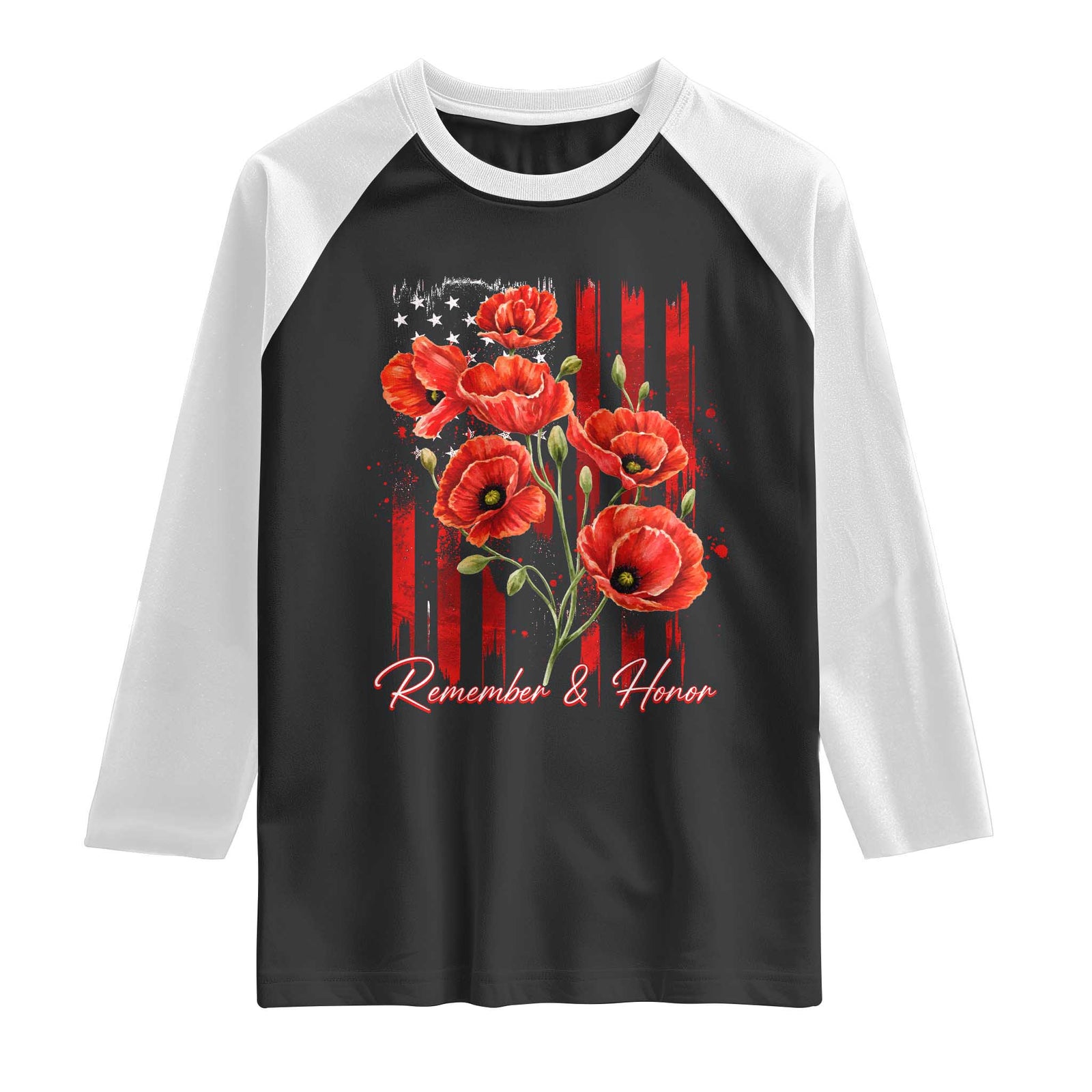 Remember And Honor Memorial Day Raglan Shirt Red Poppy Flowers TS11 Black White Print Your Wear