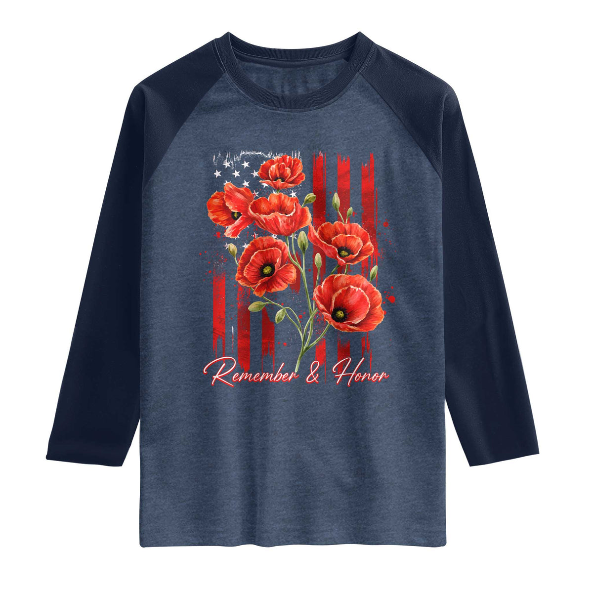 Remember And Honor Memorial Day Raglan Shirt Red Poppy Flowers TS11 Heather Denim Navy Print Your Wear