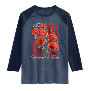 Remember And Honor Memorial Day Raglan Shirt Red Poppy Flowers TS11 Heather Denim Navy Print Your Wear