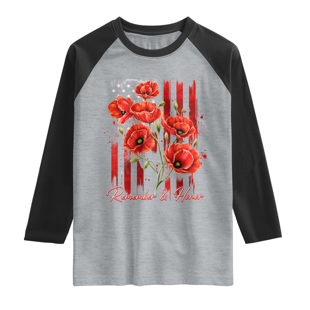 Remember And Honor Memorial Day Raglan Shirt Red Poppy Flowers TS11 Heather Gray Black Print Your Wear