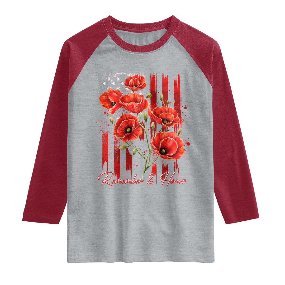 Remember And Honor Memorial Day Raglan Shirt Red Poppy Flowers TS11 Heather Gray Heather Red Print Your Wear