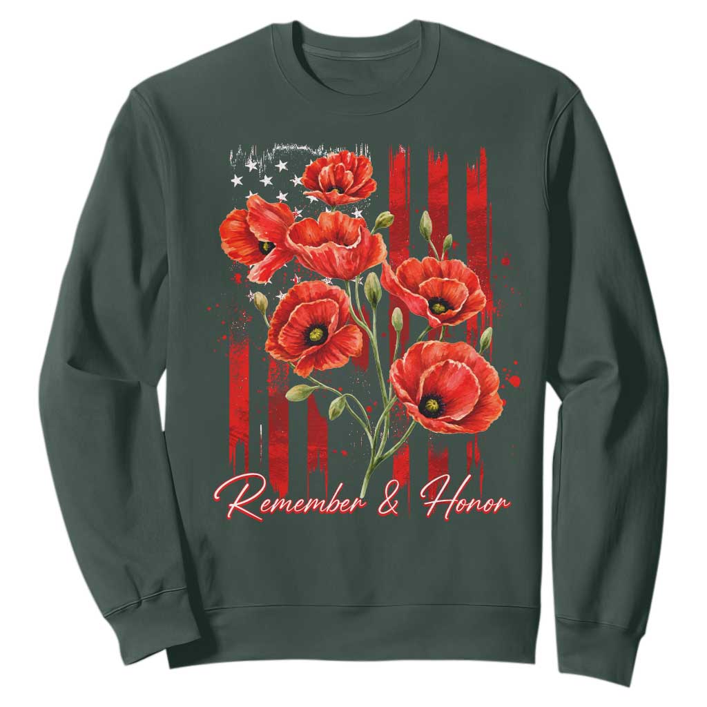 Remember And Honor Memorial Day Sweatshirt Red Poppy Flowers TS11 Dark Forest Green Print Your Wear