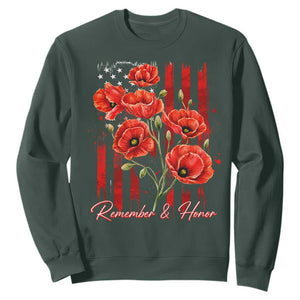 Remember And Honor Memorial Day Sweatshirt Red Poppy Flowers TS11 Dark Forest Green Print Your Wear
