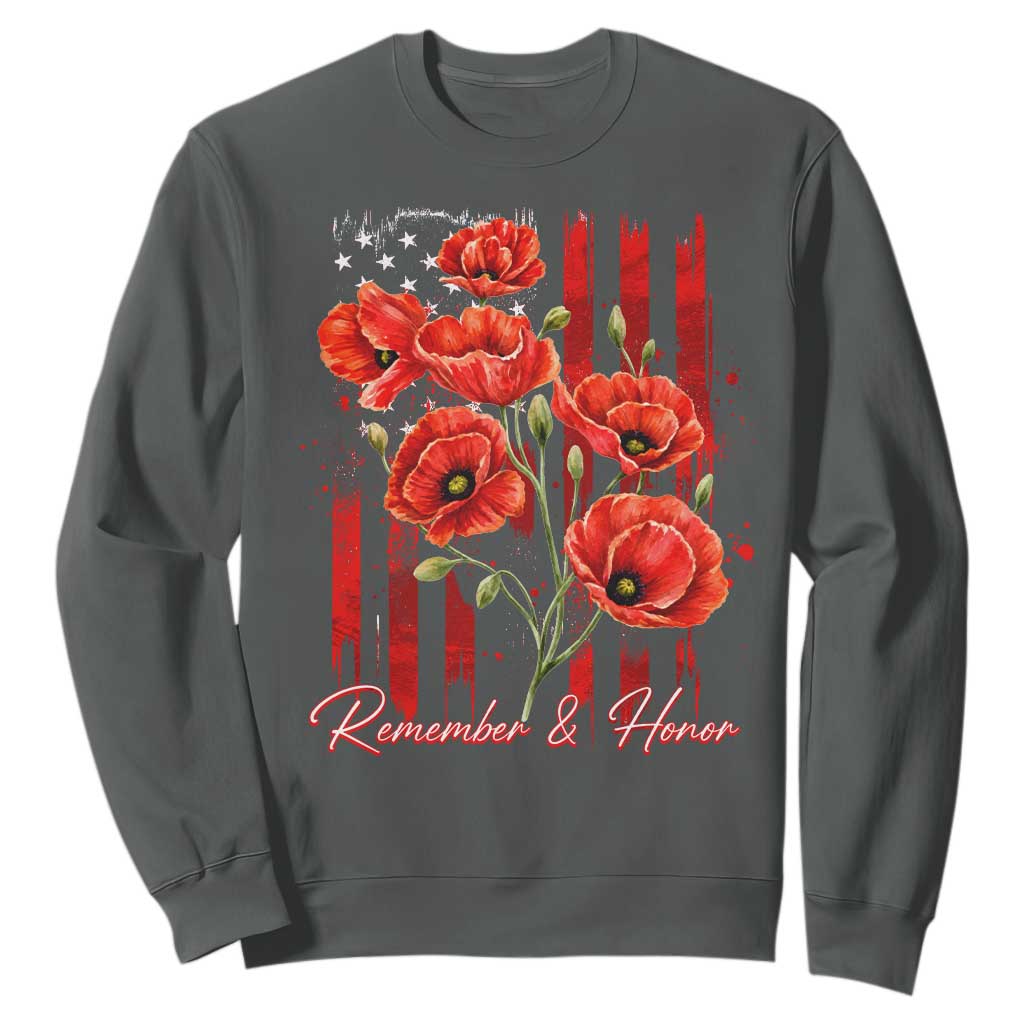 Remember And Honor Memorial Day Sweatshirt Red Poppy Flowers TS11 Dark Heather Print Your Wear