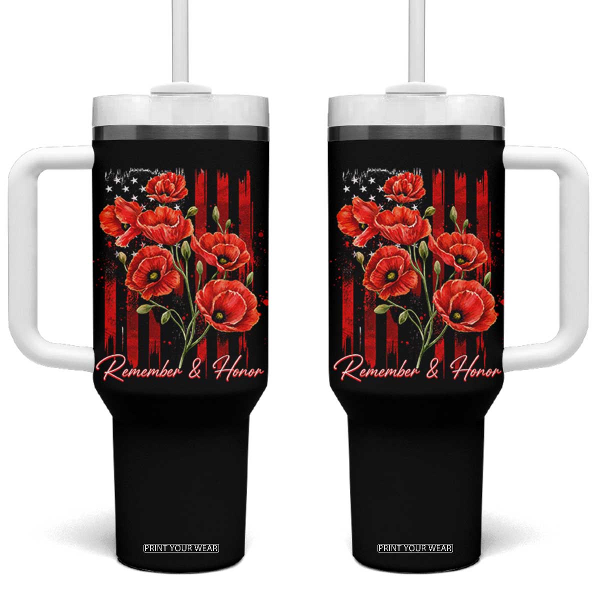 Remember And Honor Memorial Day Tumbler With Handle Red Poppy Flowers TS11 One Size: 40 oz Black Print Your Wear