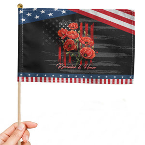 Remember And Honor Memorial Day Patriotic Handheld Flag Red Poppy Flowers TS11 Distressed 8.2" × 5.5" Black Blue Print Your Wear