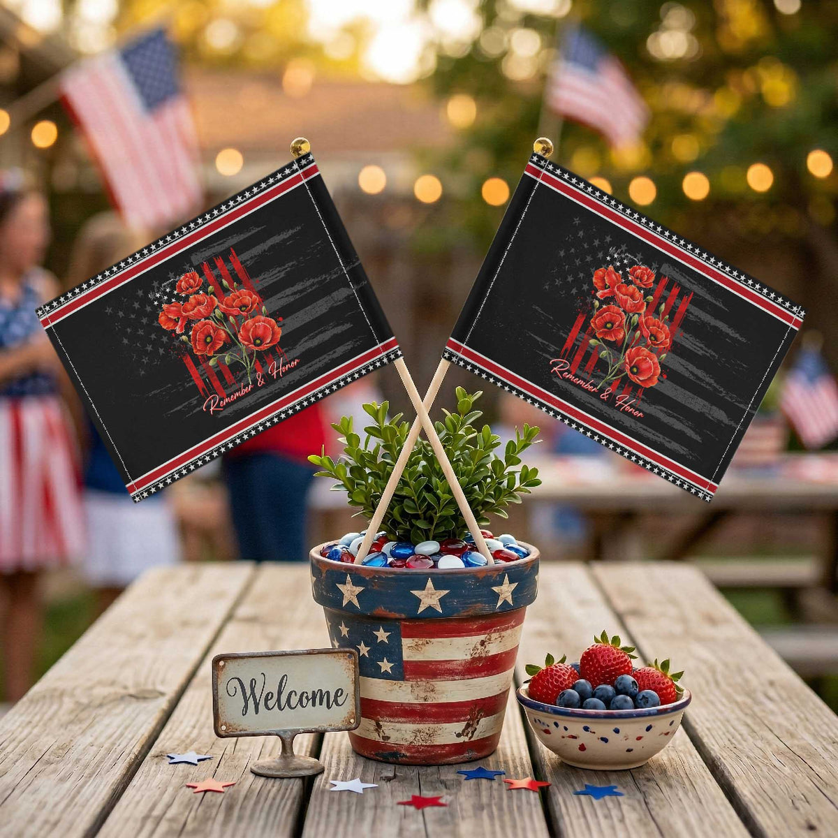 Remember And Honor Memorial Day Patriotic Handheld Flag Red Poppy Flowers TS11 Distressed 8.2