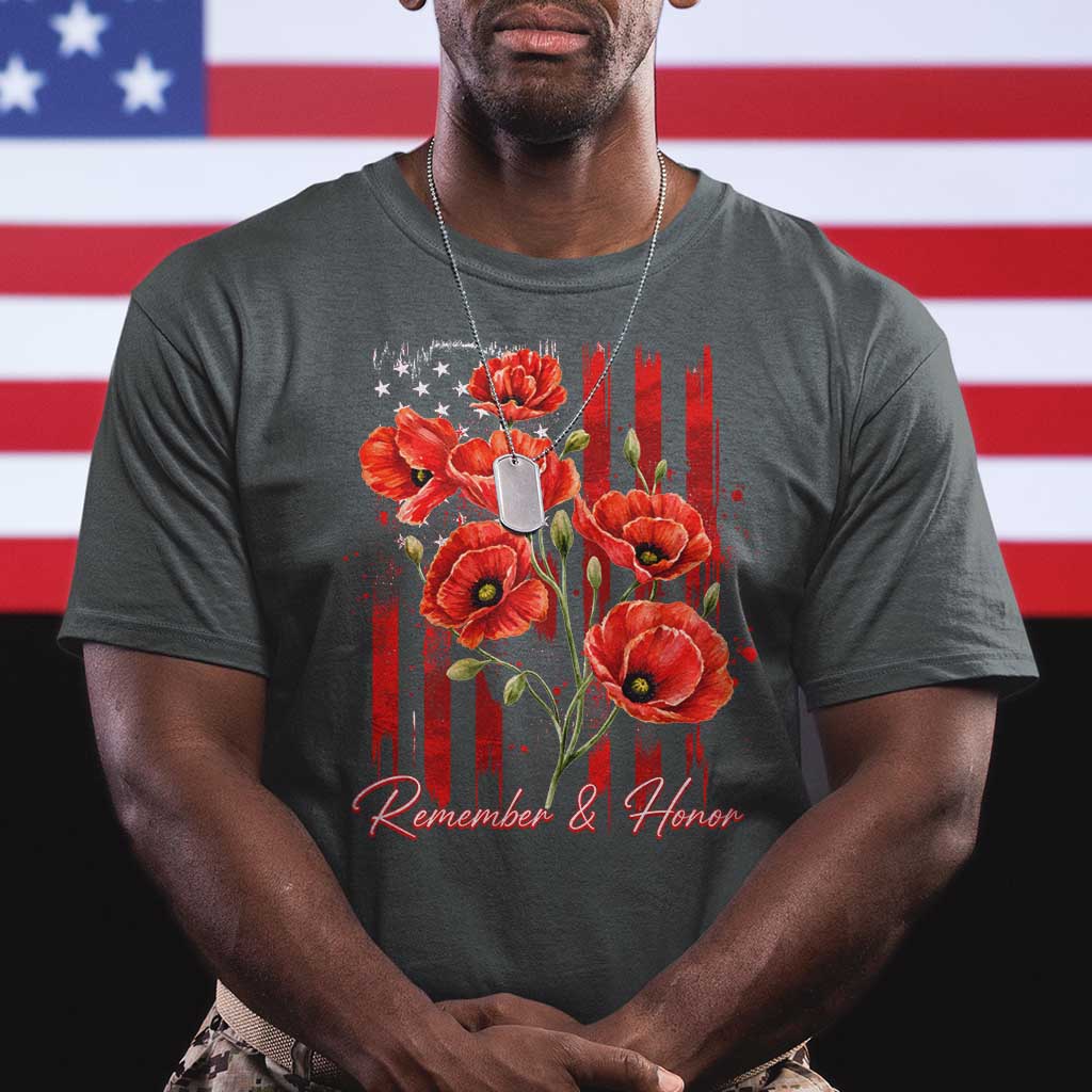 Remember And Honor Memorial Day T Shirt Red Poppy Flowers TS11 Dark Heather Print Your Wear