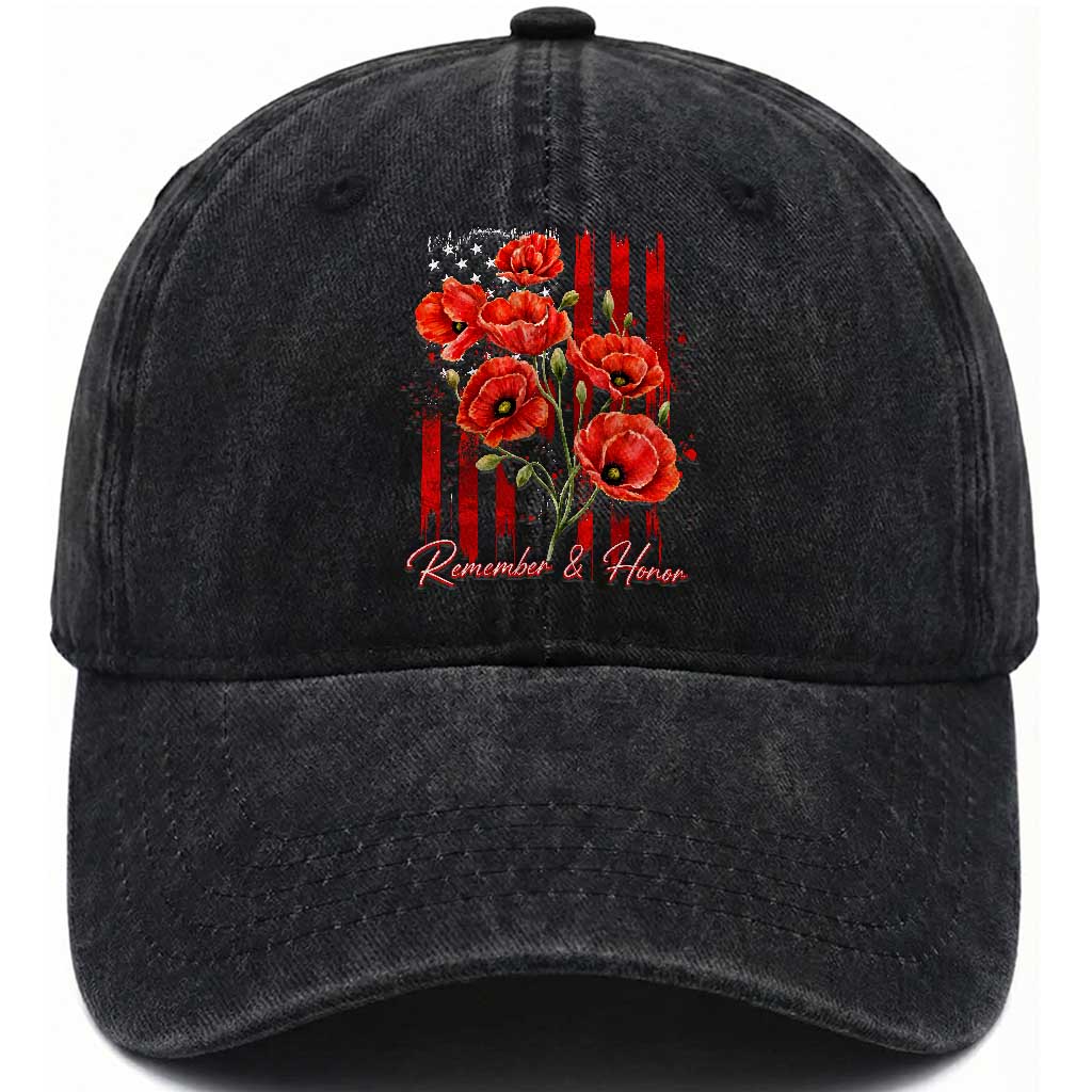 Remember And Honor Memorial Day Washed Cotton Baseball Cap Red Poppy Flowers TS11 Print Your Wear