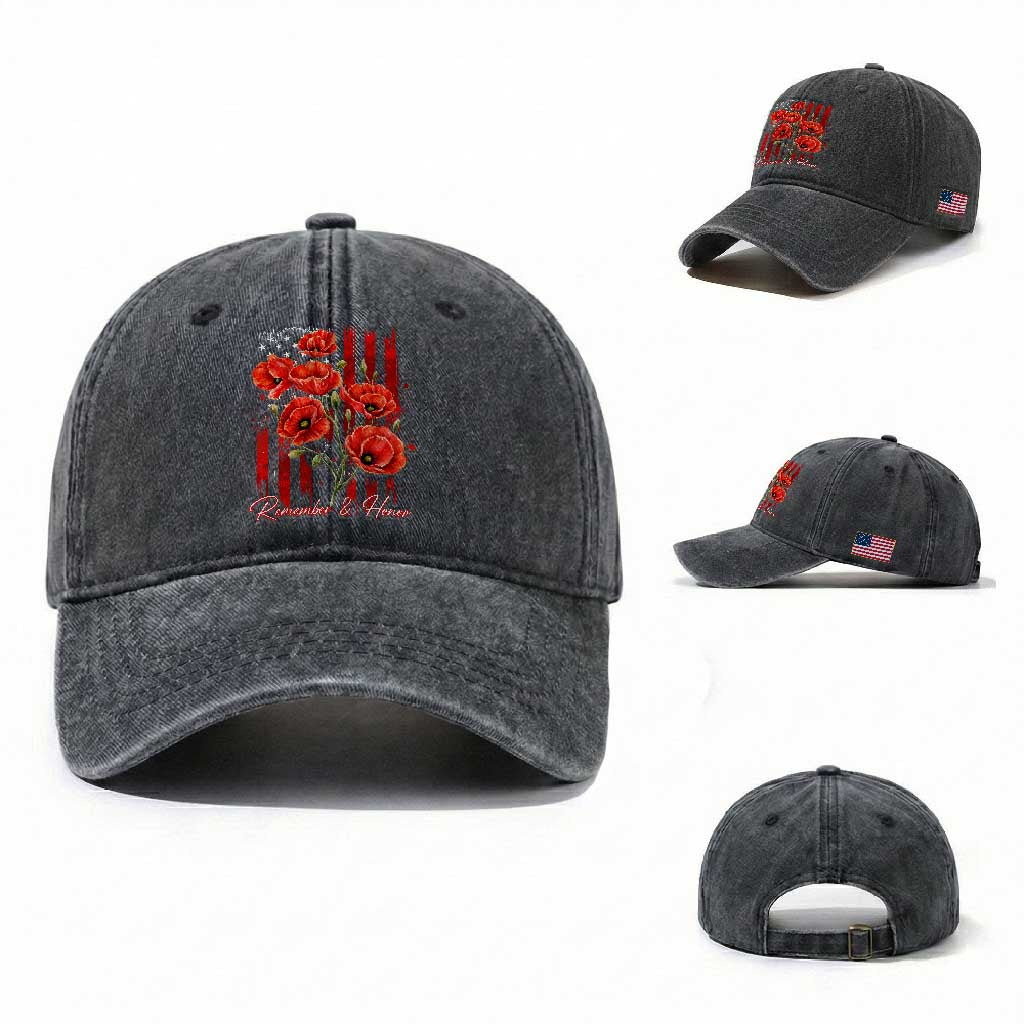 Remember And Honor Memorial Day Washed Cotton Baseball Cap Red Poppy Flowers TS11 Washed Cap Universal Fit Dark Gray Print Your Wear