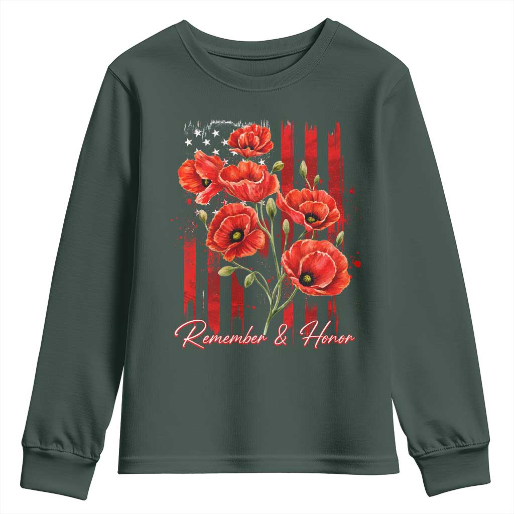Remember And Honor Memorial Day Youth Sweatshirt Red Poppy Flowers TS11 Dark Forest Green Print Your Wear