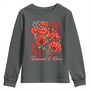 Remember And Honor Memorial Day Youth Sweatshirt Red Poppy Flowers TS11 Dark Heather Print Your Wear