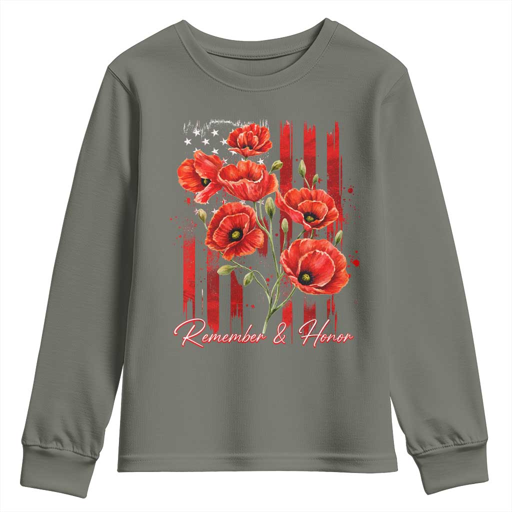 Remember And Honor Memorial Day Youth Sweatshirt Red Poppy Flowers TS11 Military Green Print Your Wear