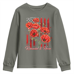 Remember And Honor Memorial Day Youth Sweatshirt Red Poppy Flowers TS11 Military Green Print Your Wear