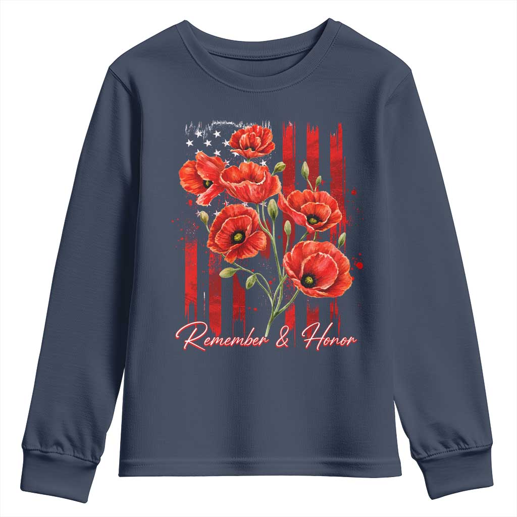 Remember And Honor Memorial Day Youth Sweatshirt Red Poppy Flowers TS11 Navy Print Your Wear