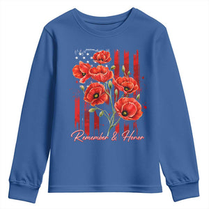 Remember And Honor Memorial Day Youth Sweatshirt Red Poppy Flowers TS11 Royal Blue Print Your Wear