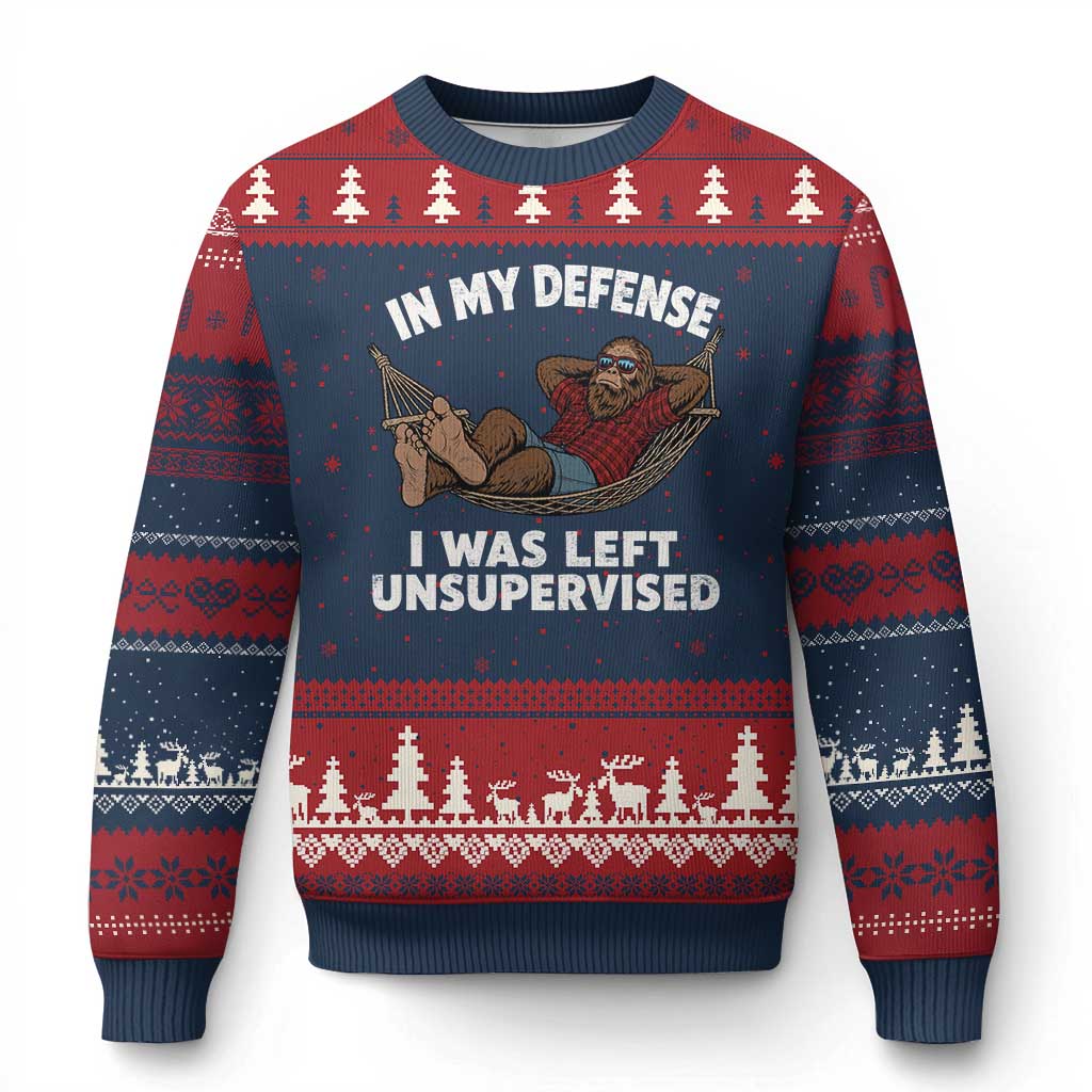 In My Defense I Was Left Unsupervised Funny Bigfoot Ugly Christmas Sweater TS11 Navy Red Print Your Wear