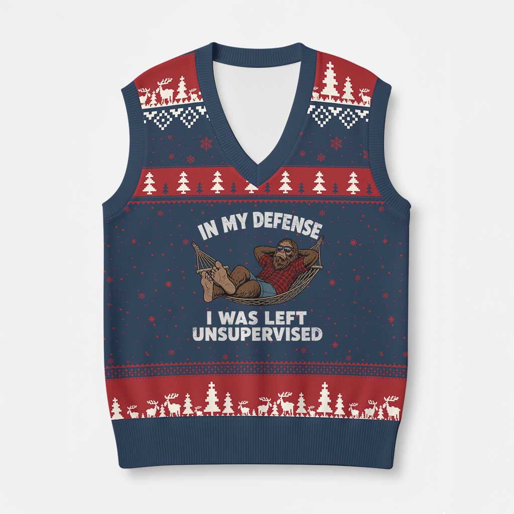 In My Defense I Was Left Unsupervised Funny Bigfoot V-Neck Knit Sweater Vest TS11 Navy Red Print Your Wear