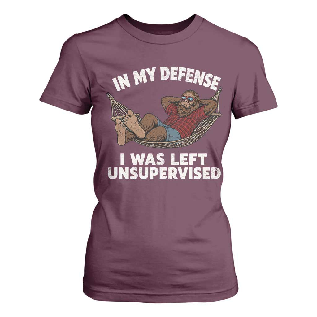 In My Defense I Was Left Unsupervised Funny Bigfoot T Shirt For Women
