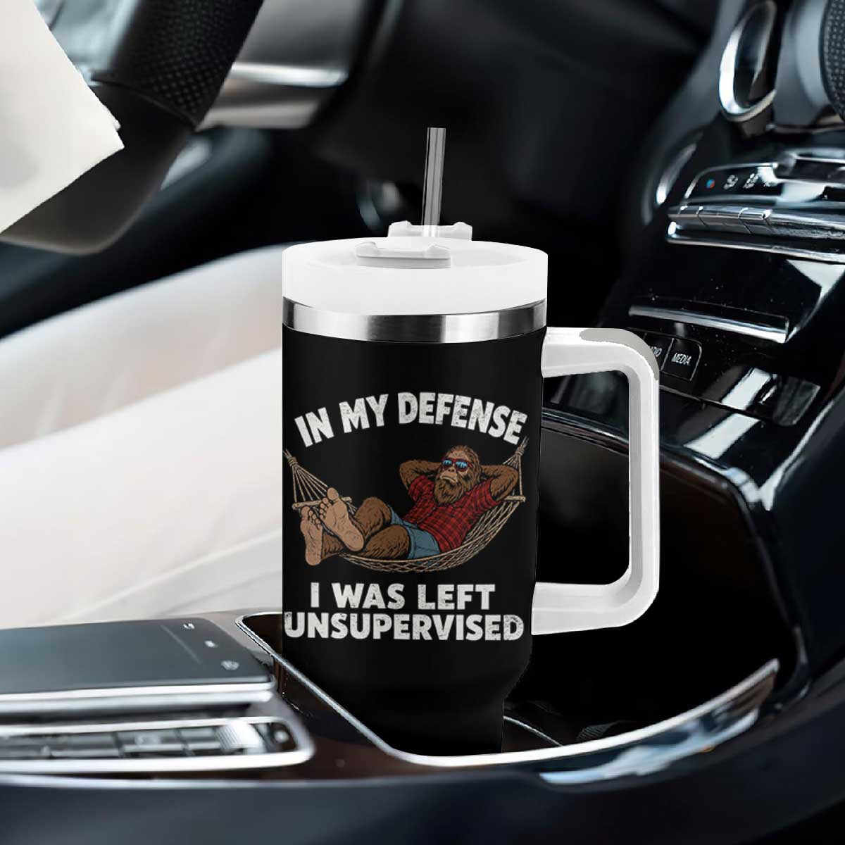 In My Defense I Was Left Unsupervised Funny Bigfoot Tumbler With Handle