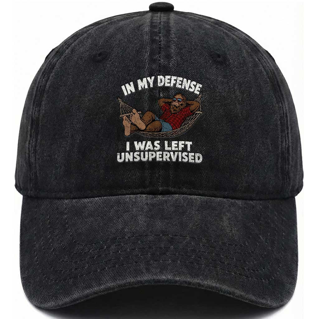 In My Defense I Was Left Unsupervised Funny Bigfoot Washed Cotton Baseball Cap