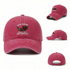 In My Defense I Was Left Unsupervised Funny Bigfoot Washed Cotton Baseball Cap