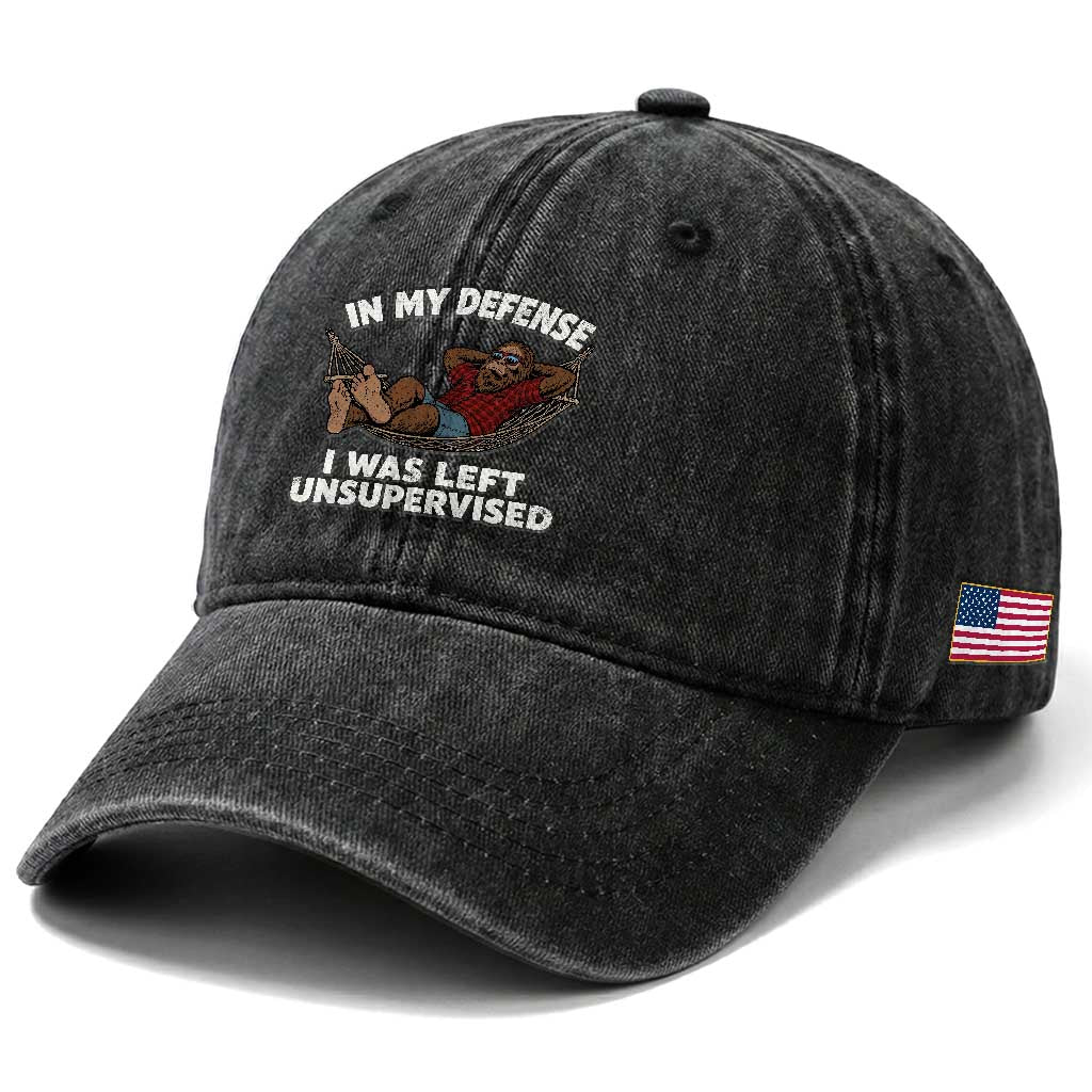 In My Defense I Was Left Unsupervised Funny Bigfoot Washed Cotton Baseball Cap