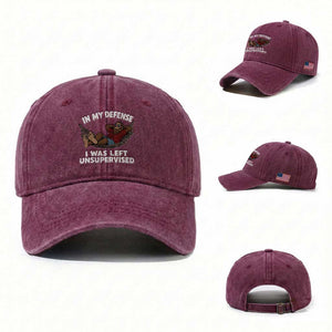 In My Defense I Was Left Unsupervised Funny Bigfoot Washed Cotton Baseball Cap