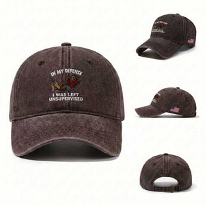 In My Defense I Was Left Unsupervised Funny Bigfoot Washed Cotton Baseball Cap