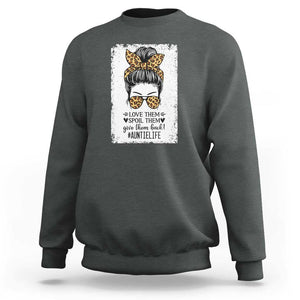 Funny Aunt Sweatshirt Love Spoil Give Them Back Auntie Life Messy Bun TS11 Dark Heather Print Your Wear