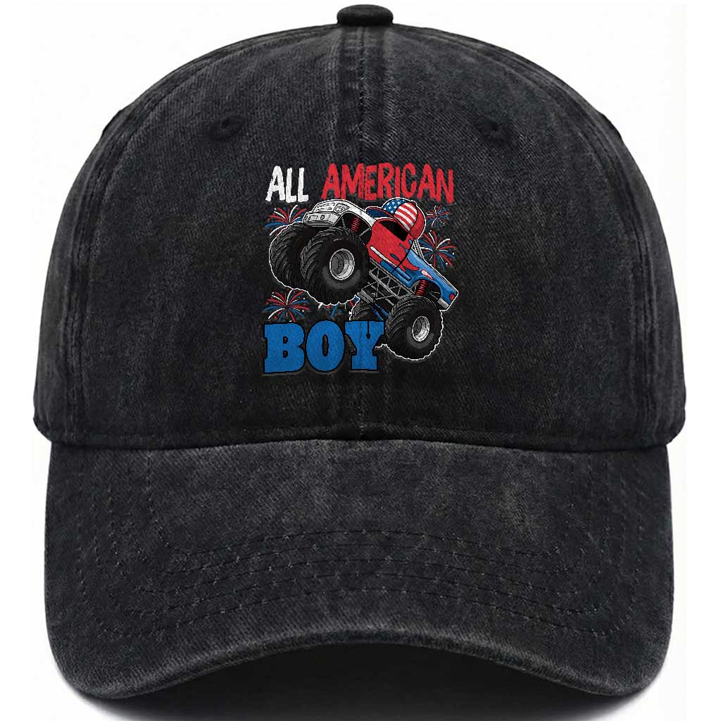 Funny All American Boy 4th Of July Washed Cotton Baseball Cap Monster Trucks American Flag Fireworks TS11 Washed Cap Universal Fit Black Print Your Wear