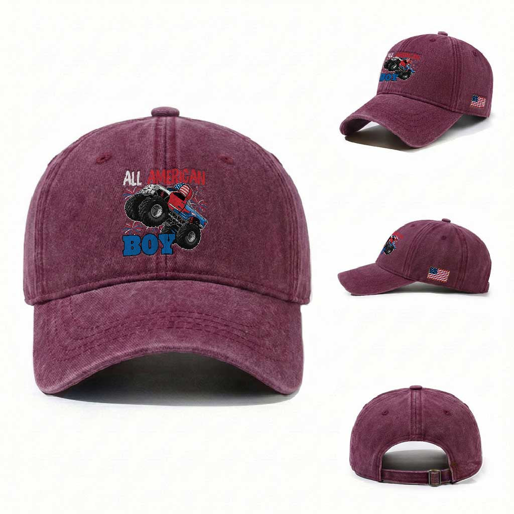 Funny All American Boy 4th Of July Washed Cotton Baseball Cap Monster Trucks American Flag Fireworks TS11 Washed Cap Universal Fit Burgundy Print Your Wear