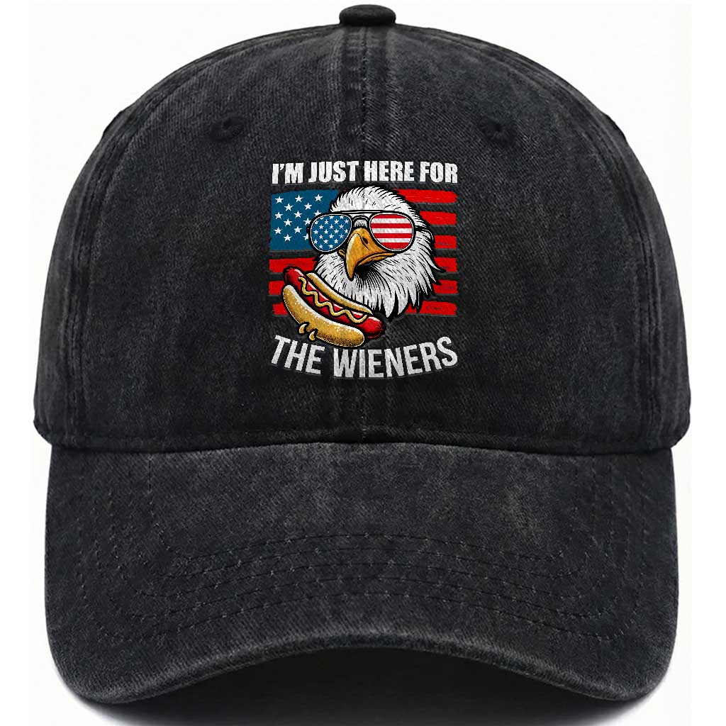 Funny I'm Just Here For The Wieners Washed Cotton Baseball Cap 4th Of July Bald Eagle Hot Dog Lover TS11 Washed Cap Universal Fit Black Print Your Wear