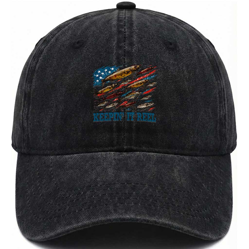 Funny Fisherman Keepin It Reel Washed Cotton Baseball Cap Fishing Lure American Flag Bass Fishing TS11 Washed Cap Universal Fit Black Print Your Wear