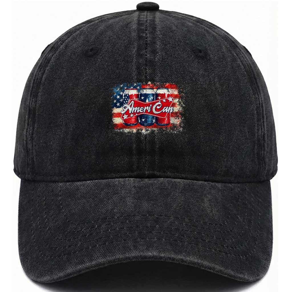Funny AmeriCan Beer 4th of July Drinking Washed Cotton Baseball Cap American Flag USA Beer Can TS11 Washed Cap Universal Fit Black Print Your Wear