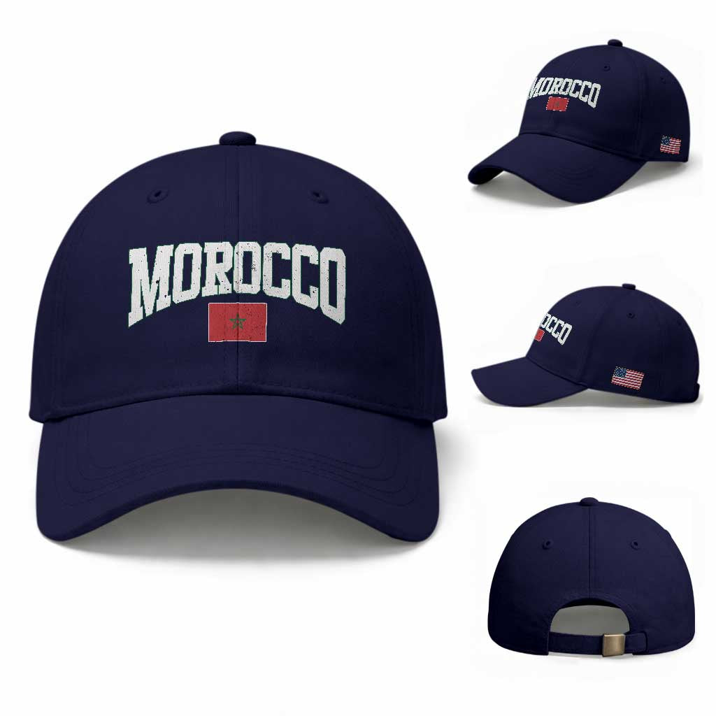 Morocco Football Throwback Design Vintage Moroccan Flag Jersey Style Baseball Cap TS11 Baseball Cap Universal Fit Dark Blue Print Your Wear