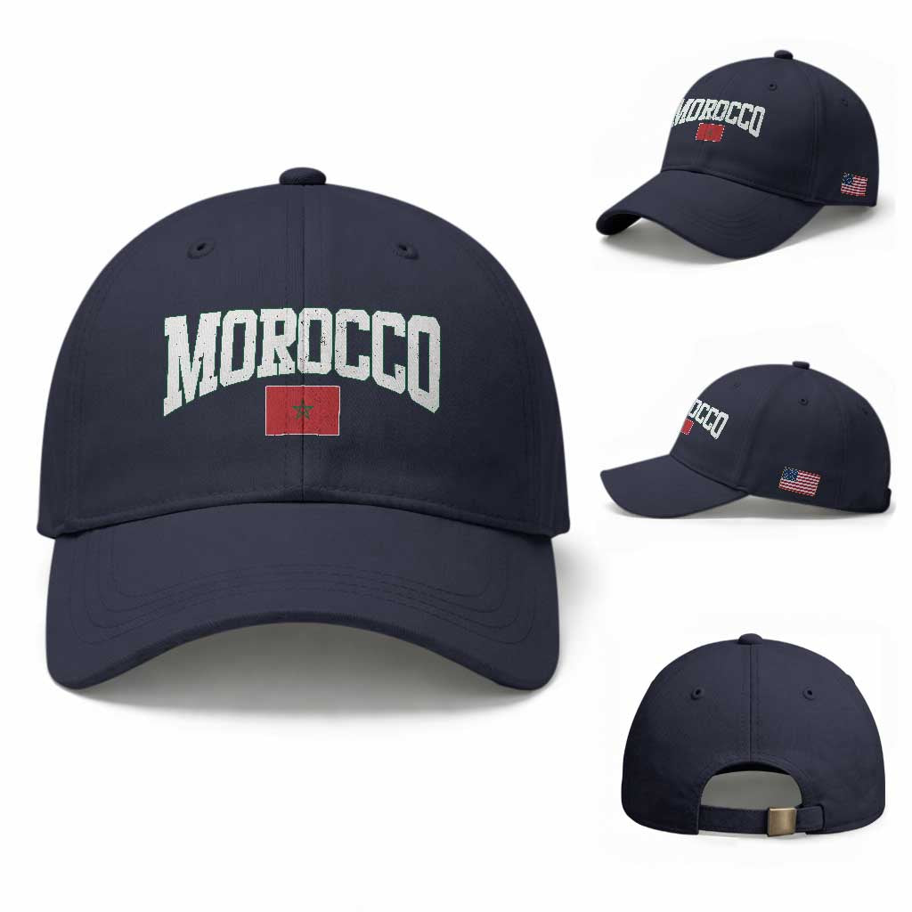 Morocco Football Throwback Design Vintage Moroccan Flag Jersey Style Baseball Cap TS11 Baseball Cap Universal Fit Navy Print Your Wear