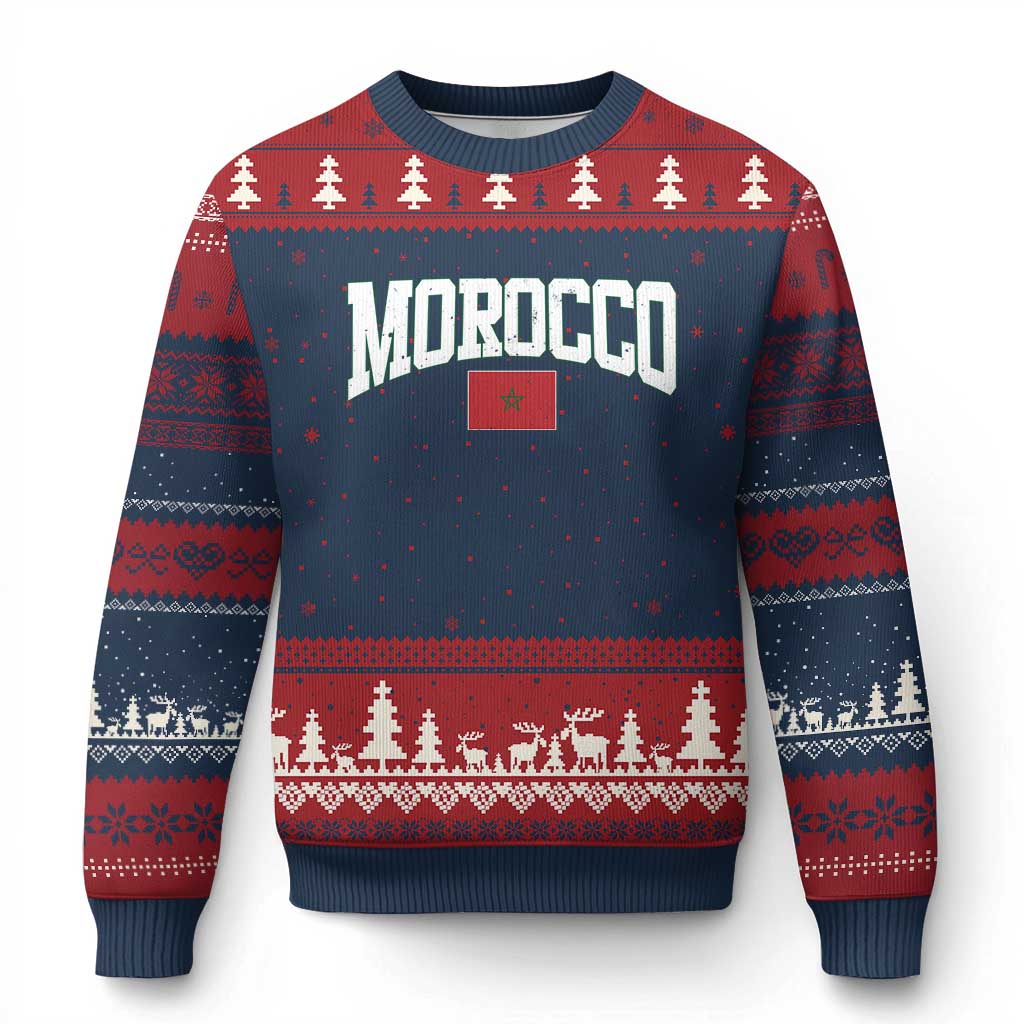 Morocco Football Throwback Design Vintage Moroccan Flag Jersey Style Ugly Christmas Sweater TS11 Navy Red Print Your Wear