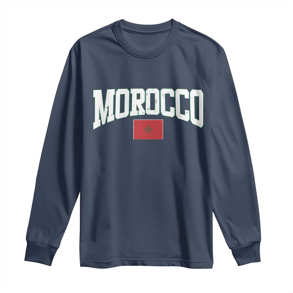 Morocco Football Throwback Design Vintage Moroccan Flag Jersey Style Long Sleeve Shirt TS11 Navy Print Your Wear
