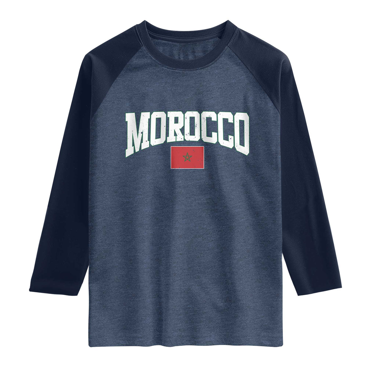 Morocco Football Throwback Design Vintage Moroccan Flag Jersey Style Raglan Shirt TS11 Heather Denim Navy Print Your Wear
