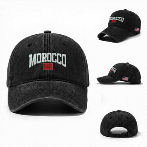 Morocco Football Throwback Design Vintage Moroccan Flag Jersey Style Washed Cotton Baseball Cap TS11 Washed Cap Universal Fit Black Print Your Wear