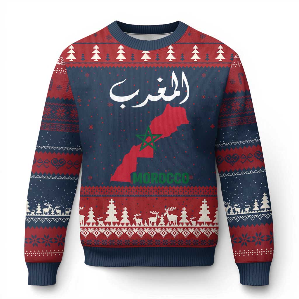 Proud Moroccan Vintage Marocco Map with Arabic Characters Ugly Christmas Sweater TS11 Navy Red Print Your Wear