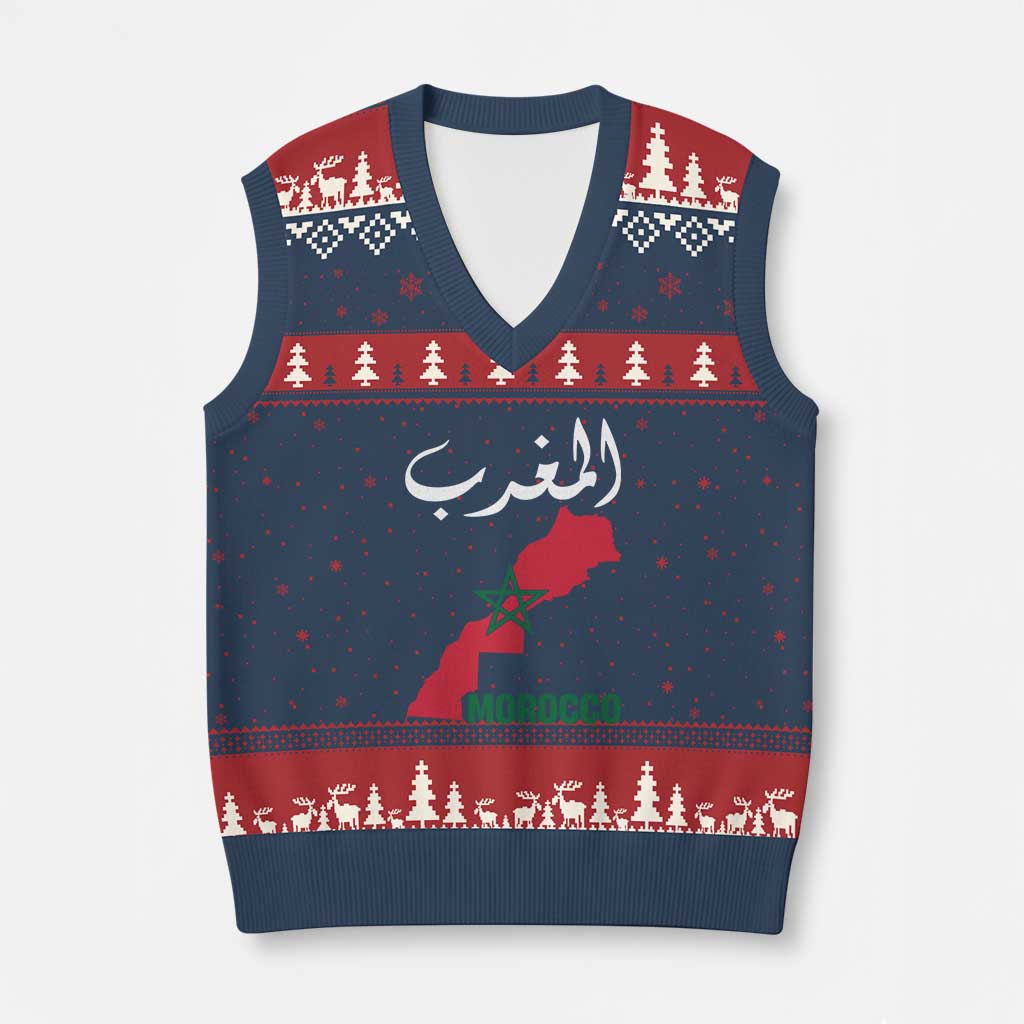 Proud Moroccan Vintage Marocco Map with Arabic Characters V-Neck Knit Sweater Vest TS11 Navy Red Print Your Wear