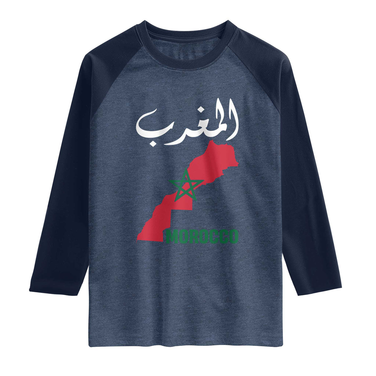 Proud Moroccan Vintage Marocco Map with Arabic Characters Raglan Shirt TS11 Heather Denim Navy Print Your Wear