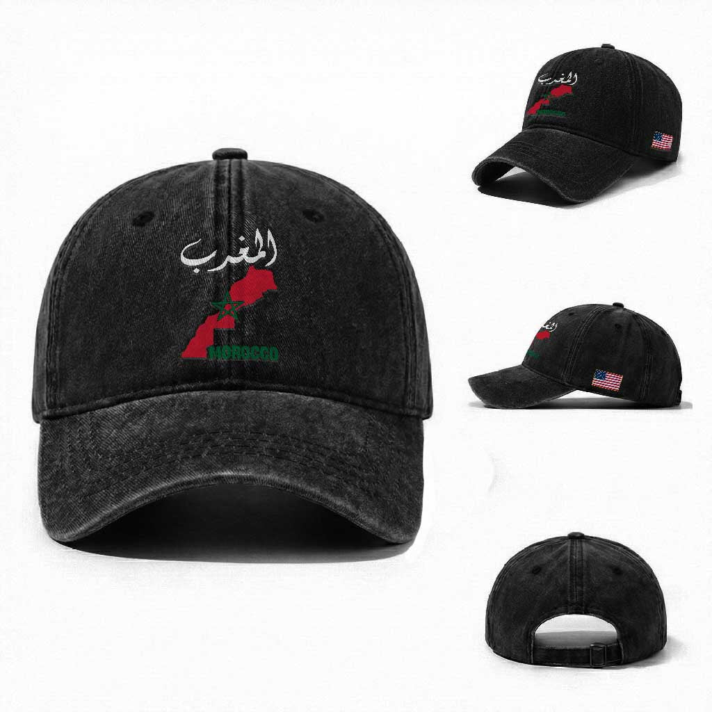 Proud Moroccan Vintage Marocco Map with Arabic Characters Washed Cotton Baseball Cap TS11 Washed Cap Universal Fit Black Print Your Wear