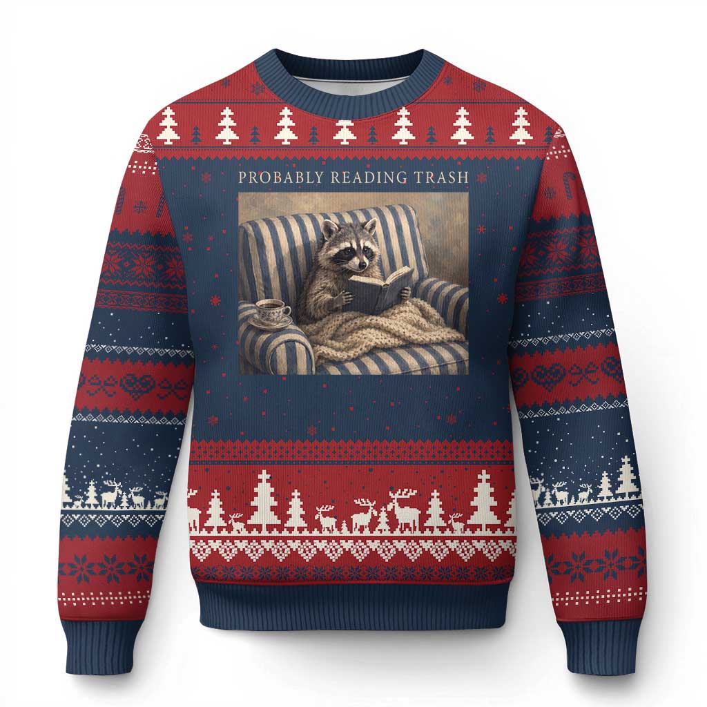 Funny Raccoon Book Lover Ugly Christmas Sweater Probably Reading Trash Bookworms Teachers TS11 Navy Red Print Your Wear