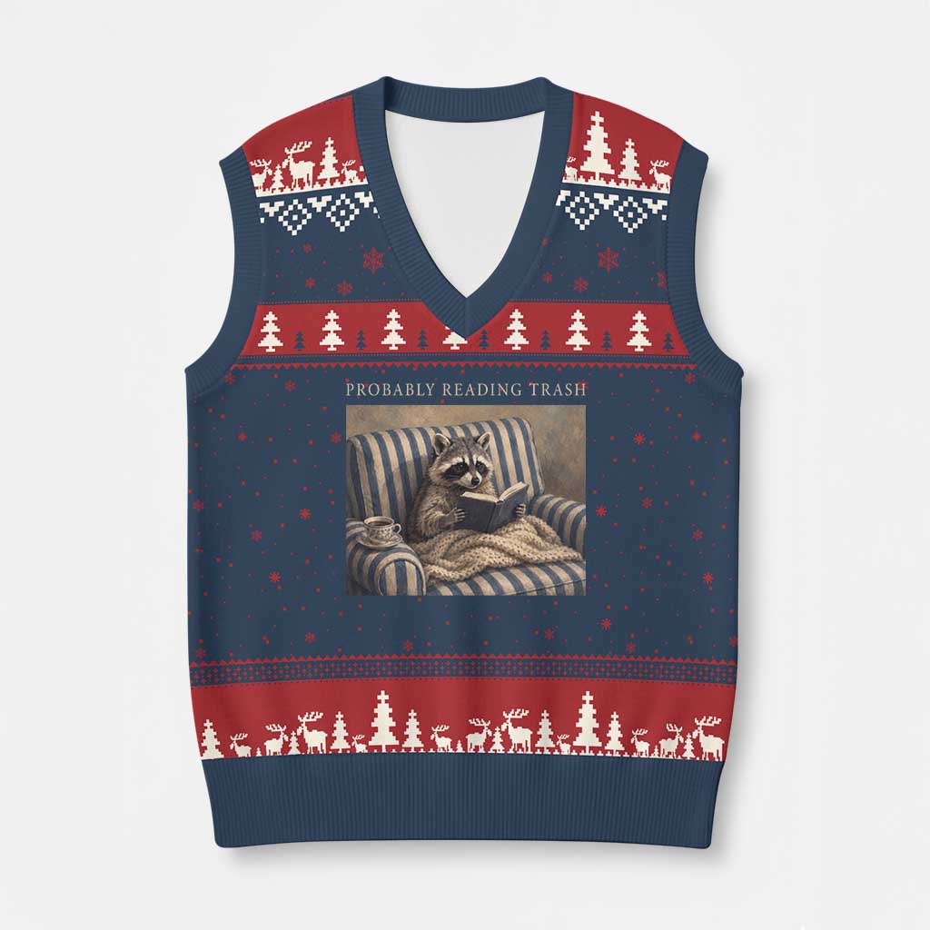 Funny Raccoon Book Lover V-Neck Knit Sweater Vest Probably Reading Trash Bookworms Teachers