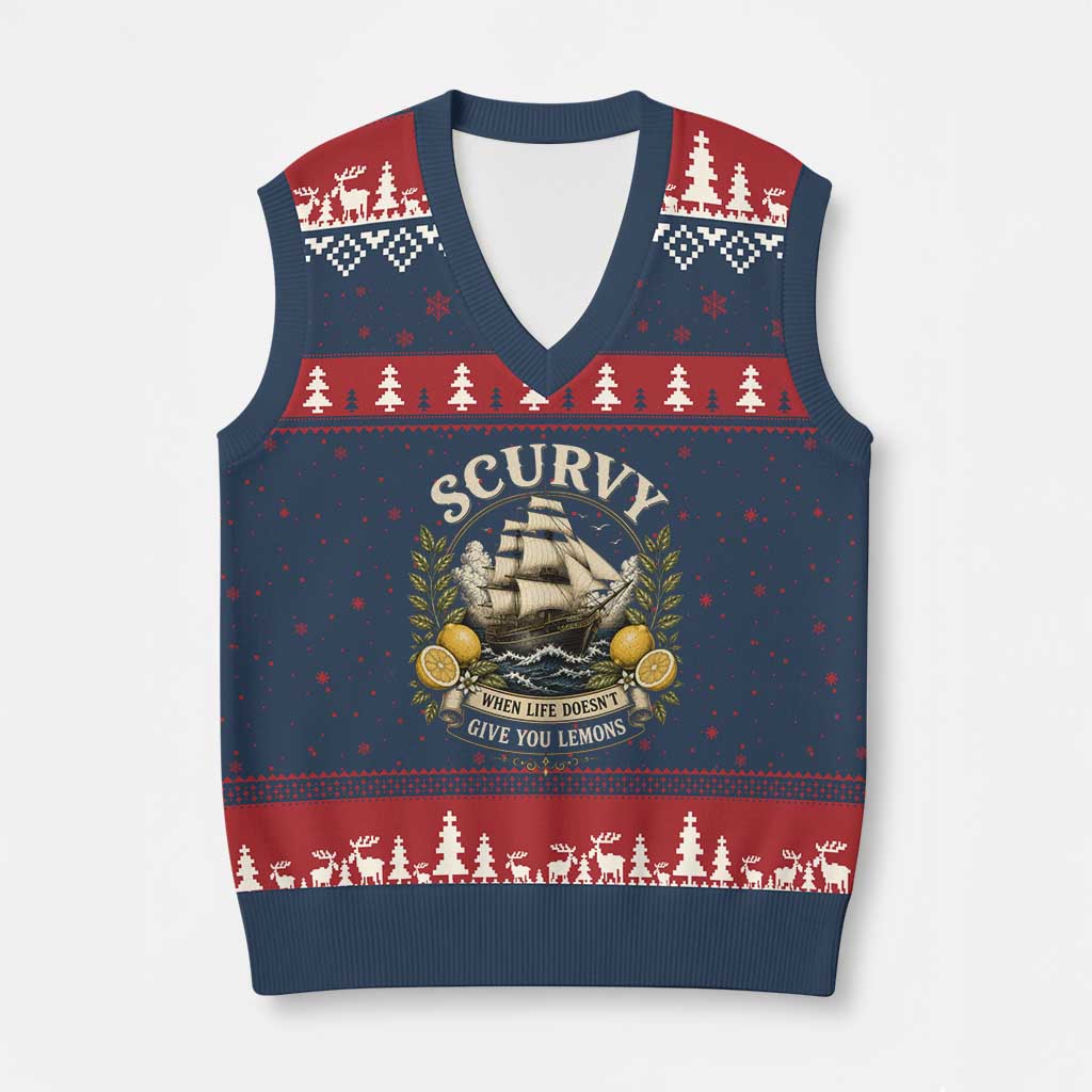 Scurvy When Life Doesnt Give You Lemons V-Neck Knit Sweater Vest Funny Pirate Lemon Vitamin C TS11 Navy Red Print Your Wear